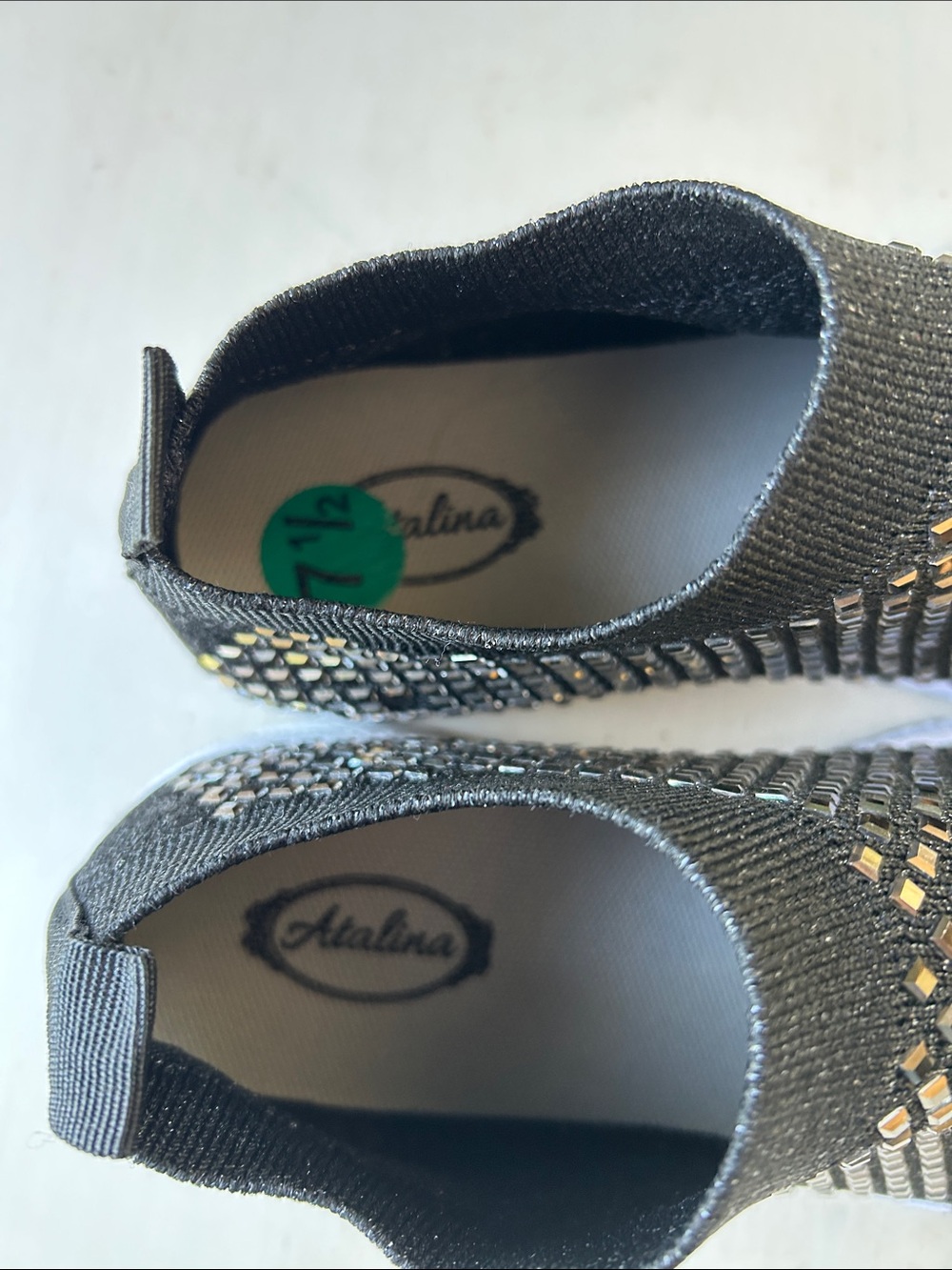 Atalina Black Slip-On Mesh Sneakers Featuring Sparkly Rhinestone with White Sole - Picture 8 of 11